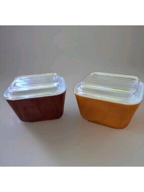 Pyrex 501 1.5 Cup Vintage Refrigerator Dish Set Brown Orange MCM Kitchen